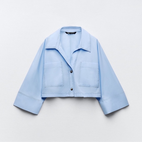 Zara Tops - Zara oversized Blue poplin button down crop top Size Small NWT